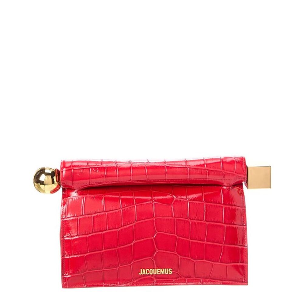 Jacquemus Rond Carre Croc-Embossed Leather Clutch, Red